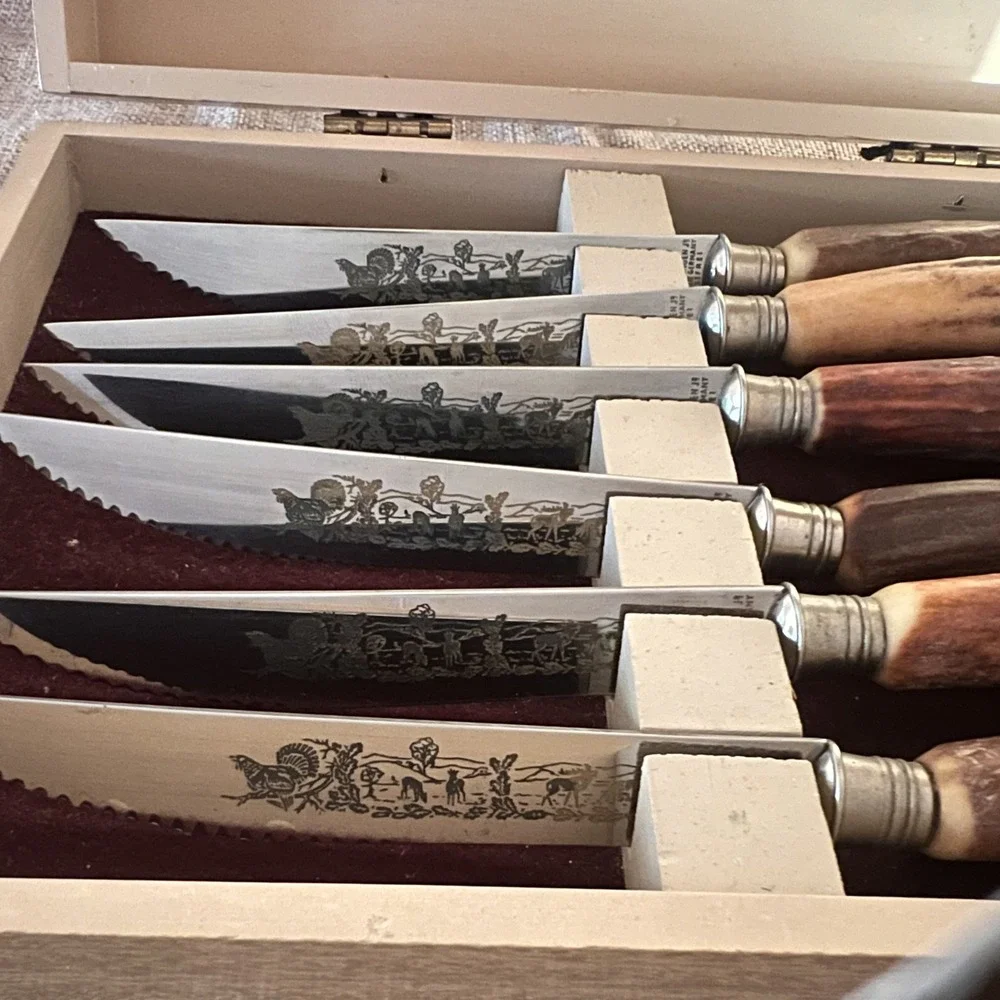 Anton Wingen‎ Solingen Germany Rostfrei Engraved Stag Horn 6 Piece Knife Set